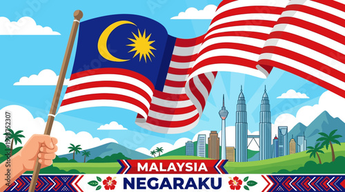 Illustration of Malaysia's flag waving proudly with the Kuala Lumpur skyline in the background, celebrating national pride and heritage