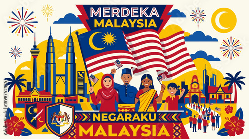 Merdeka Malaysia illustration celebrating national independence with vibrant colors and cultural symbols