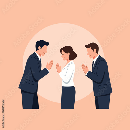 Business colleagues greeting each other with a traditional Japanese bow, illustration.