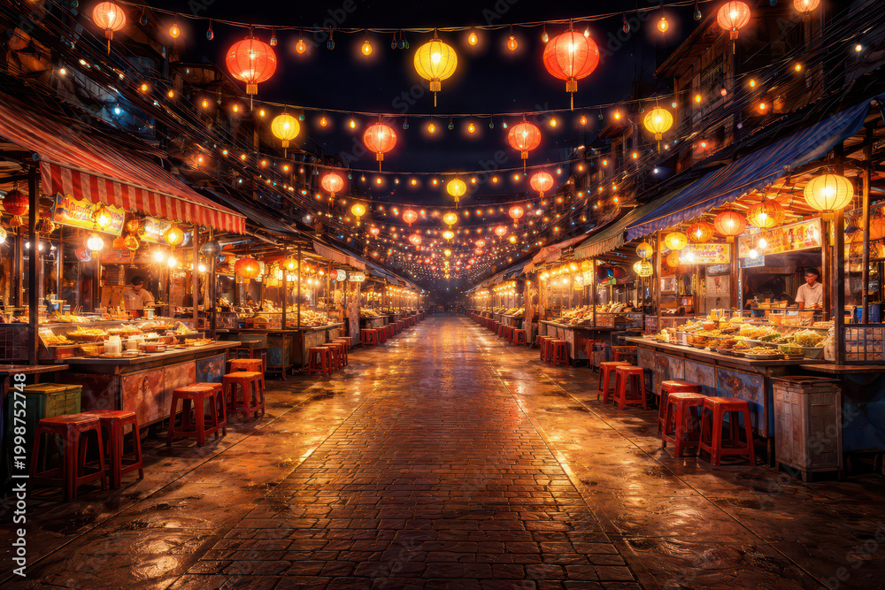 Fototapeta premium Vibrant night market with colorful lanterns and food stalls.