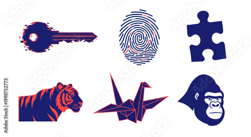 Collection of symbolic icons and objects.