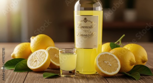 Limoncello Bottle and Lemons on Wooden Tabletop.