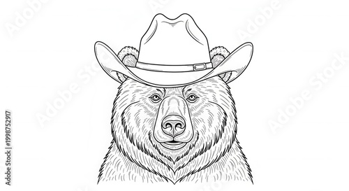 Line Art Portrait of a Grizzly Bear Wearing a Cowboy Hat.
