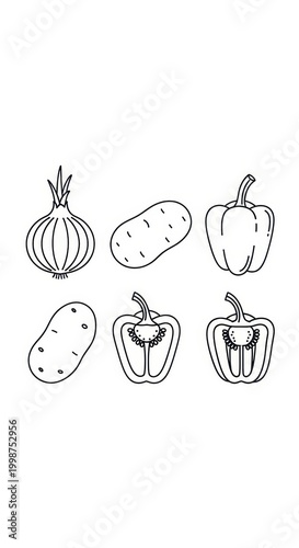 Line Art Vegetables - Onion, Potato, and Bell Pepper Illustrations.