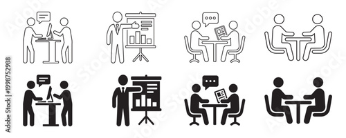 Black and white pictogram set depicting various business meeting and communication scenarios ideal for presentations and infographics