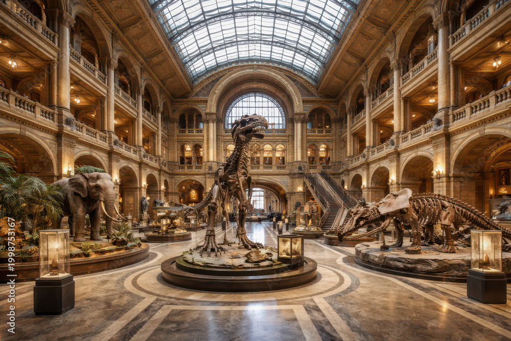Obraz premium A grand museum interior featuring dinosaur and elephant skeletons.