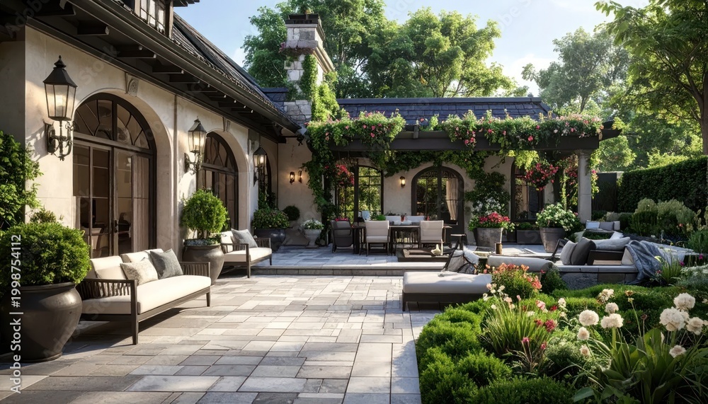 Fototapeta premium Luxurious Patio with Furniture and Greenery.