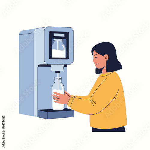 Woman using a milk dispenser machine to fill a glass bottle with fresh milk.