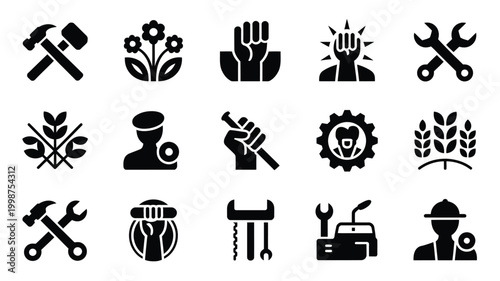 Collection of 15 black vector icons featuring tools plants and human silhouettes for business industry and environmental themes