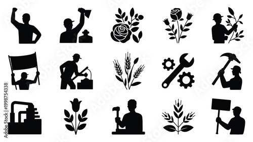 Collection of 12 black vector silhouettes depicting people working tools plants and flowers on white background