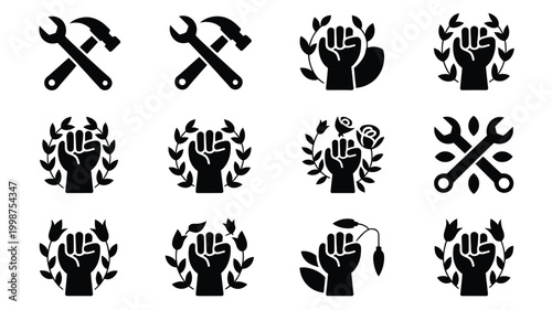 Minimalist black vector icons set of twelve fists and tools with leaves symbolizing eco friendly construction and sustainable living