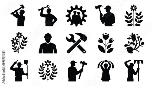 Vector illustration of people working with tools and plants in a symbolic composition