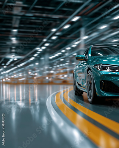 Modern Metallic Car: A cutting-edge, turquoise-colored car navigates a state-of-the-art automotive factory, blending industrial design with the sleek lines of modern transport.