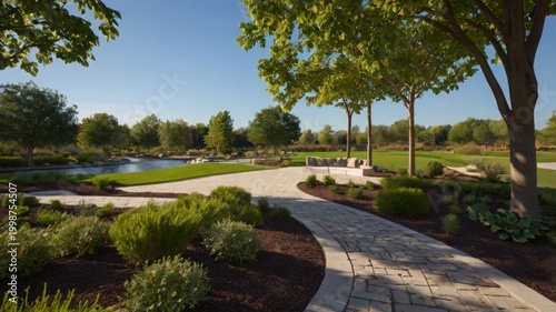 Lush green park with winding stone path and tranquil pond landscape nature