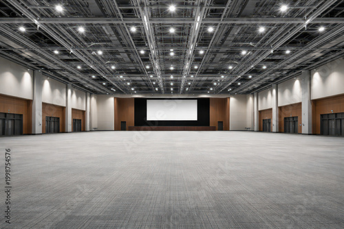 Spacious modern event hall with bright lighting and large screen.