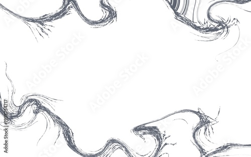 Monochrome ink style abstract border with fluid shapes and rough sketch texture.