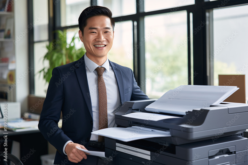 Fototapeta premium Smiling Asian businessman prints paper on a multifunction laser printer in business office. Document and paperwork. Copy, print, scan, and fax machine. Print technology. Photocopy. Generative AI.