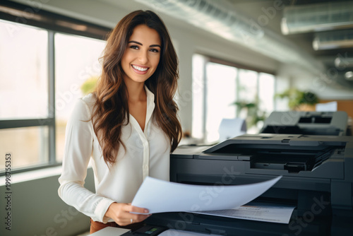 Office worker prints paper on multifunction laser printer. Document and paperwork concept. Secretary work. Smiling woman working in business office. Copy, print, scan, and fax machine. Generative AI. Free Download Office worker prints paper on multifunction laser printer. Document and paperwork concept. Secretary work. Smiling woman working in business office. Copy, print, scan, and fax machine. Generative AI. - GFXLoad
