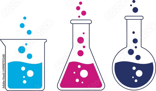 Laboratory glassware with colorful liquids and bubbles, representing science and research experiments