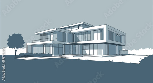 Modern Luxury House Design, Contemporary Architecture Blueprint, Exterior View