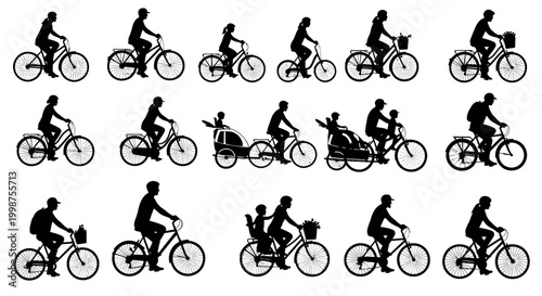 Diverse Cyclists Silhouette Collection: People Riding Bikes, Tandems, and Cargo Bikes