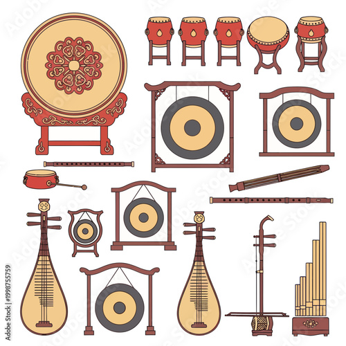 Traditional Chinese Musical Instruments Collection - Vector Illustration