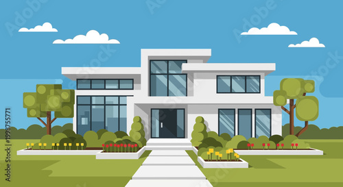 Modern Luxury House Exterior with Landscaped Garden and Blue Sky