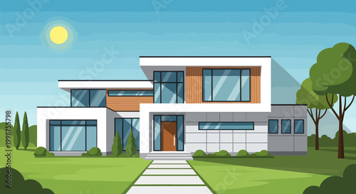 Modern Luxury House Exterior with Sunny Sky and Green Landscape