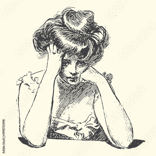 Pensive woman with hand on chin sketch old fashioned black and white thoughtful melancholy contemplation illustration vintage style monochrome portrait hairstyle emotions feelings