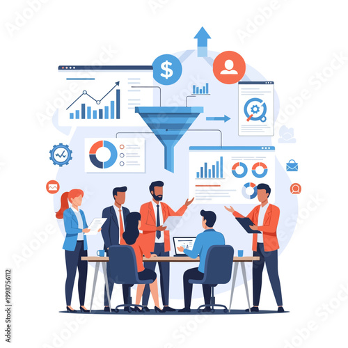 Business team meeting discussing sales funnel and financial data analysis.