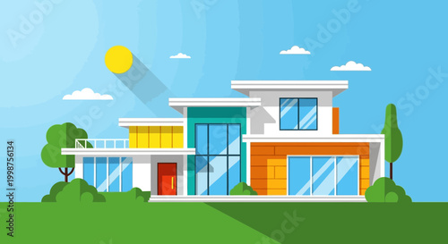 Modern Luxury House with Sun and Green Landscape