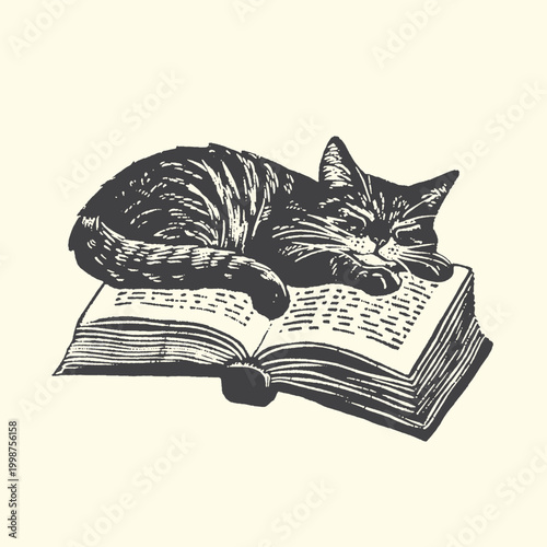 Tabby cat sleeping on an open book with sleeping domestic knowledge education research literature peaceful tranquil comfortable domesticated whiskers illustration engraving monochrome