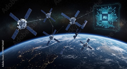 AIが地球を賢く周回する多数の衛星を制御し未来の通信網を構築 宇宙に輝く先進技術が世界を結ぶダイナミックな光景. AI Generated