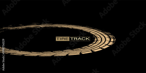 Tire track text and grunge trace gold pattern vector illustration. Abstract print texture on road from rubber wheel of transport vehicles, trail design element of curve shape on black background