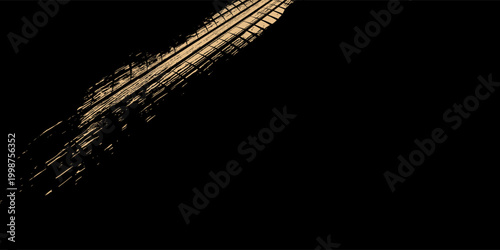 Tire track text and grunge trace gold pattern vector illustration. Abstract print texture on road from rubber wheel of transport vehicles, trail design element of curve shape on black background