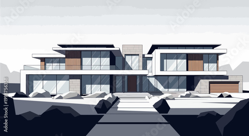 Modern Luxury Villa with Large Windows and Geometric Design