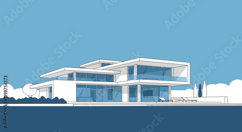 Modern Luxury Villa with Pool and Blue Sky