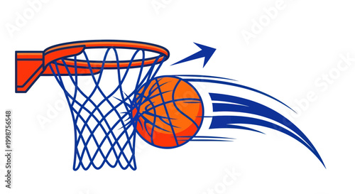 Basketball flying into hoop with motion blur and arrow graphic