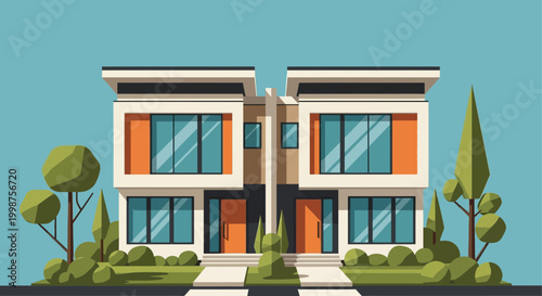 Modern Twin Houses Facade, Geometric Design, Suburban Architecture, Flat Illustration
