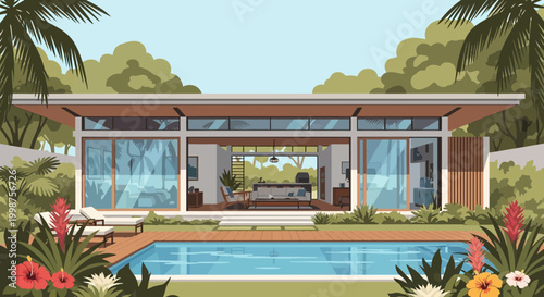 Modern Tropical Villa with Pool and Lush Garden - Architectural Illustration