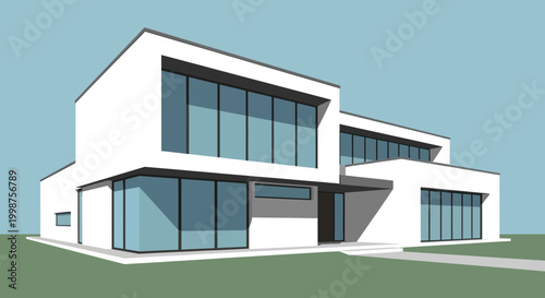 Modern White House Design, Contemporary Architecture, Large Windows, Minimalist Style
