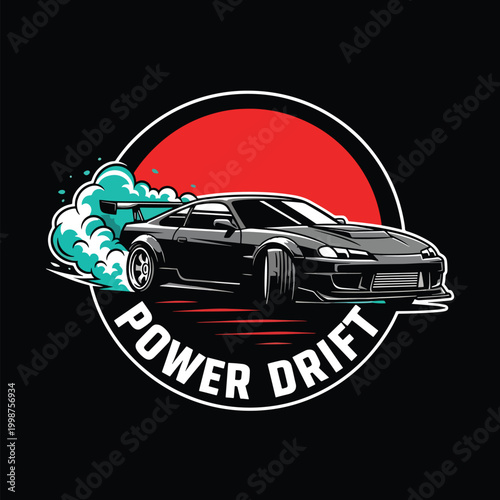 Black sports car drifting with smoke trail illustration.