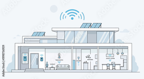 Smart Home Illustration: Modern House with Connected Devices and Solar Panels