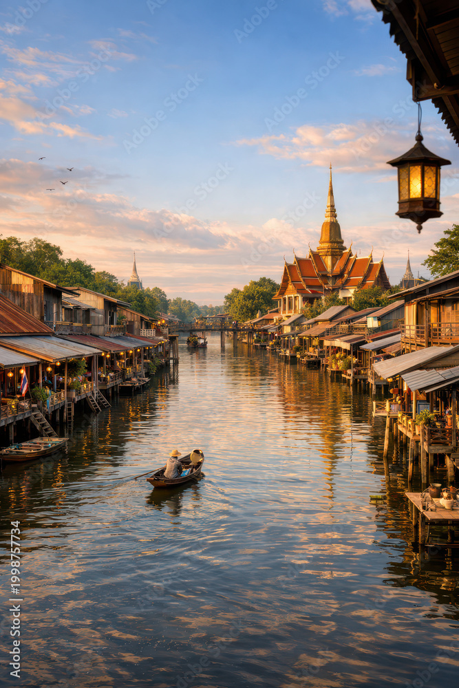 Obraz premium Sunset on a tranquil canal in a traditional Southeast Asian village with temples.