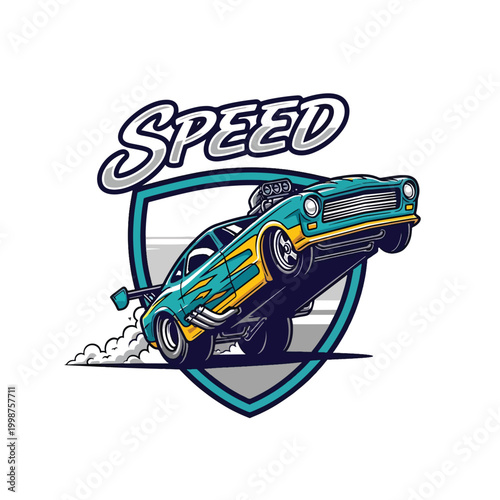 Classic Muscle Car Doing A Wheelie With Speed Text Emblem.
