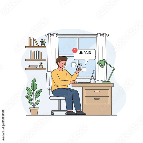 Man receives unpaid notification on his phone while working from home at his desk.
