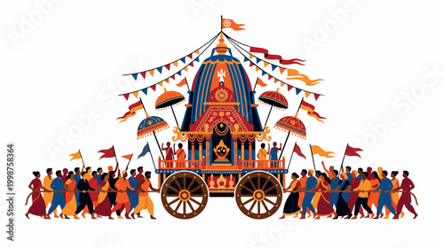 Vibrant Ratha Yatra festival with devotees pulling a grand chariot.