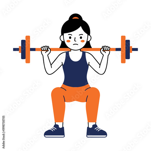 Kawaii female athlete performing deep barbell back squat exercise, cute gym character in orange top training legs and glutes vector illustration artwork