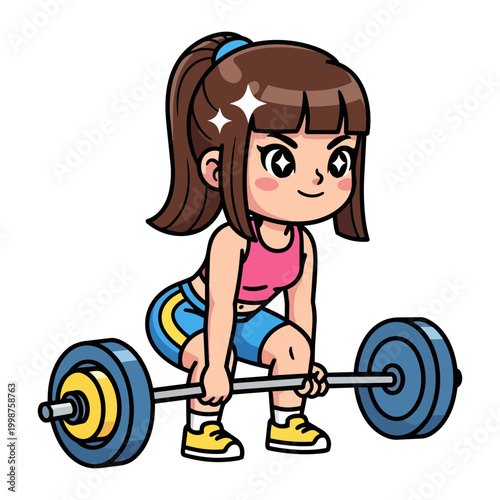 Kawaii fitness girl with brown hair doing heavy barbell deadlift, cute female character powerlifting workout vector graphic for strength training concept