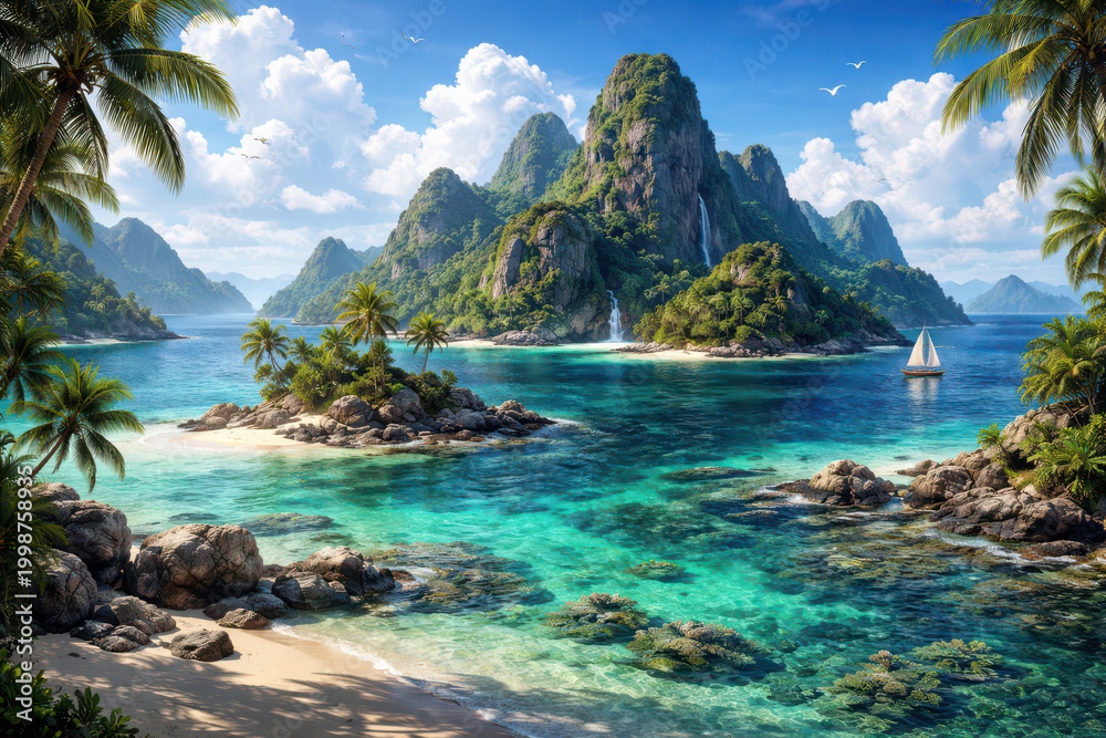 Fototapeta premium Stunning tropical paradise with turquoise water, lush jungle, and dramatic limestone karsts.